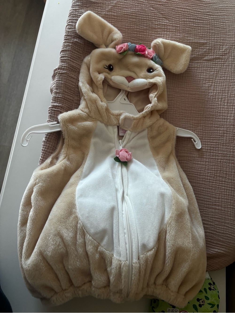 Plush Bunny Hooded Vest with Floral Accent - Beige & White
